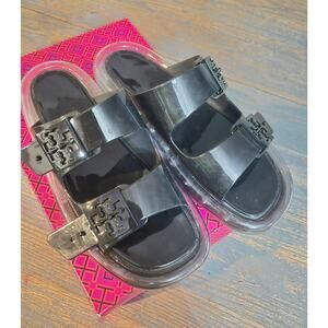 TORY BURCH $228 BLACK BUCKLE JELLY SLIDE SANDAL Shoes Sz 9 Summer Beach pool